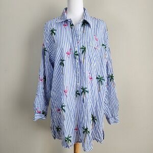 True Destinations Flamingo Palm Tree Shirt Dress Womens XL Cotton Tunic Vacation